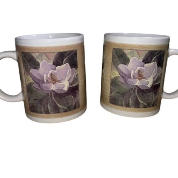 Magnolia Grandiflora Ceramic Coffee Mug Set Of 2 By Thirstystone 2000 White & Be - Picture 1 of 7